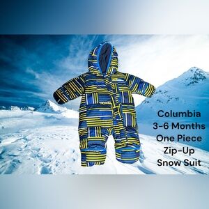 Columbia, 3-6 Month, Blue/yellow/white, zip-up one piece snow suit. @18